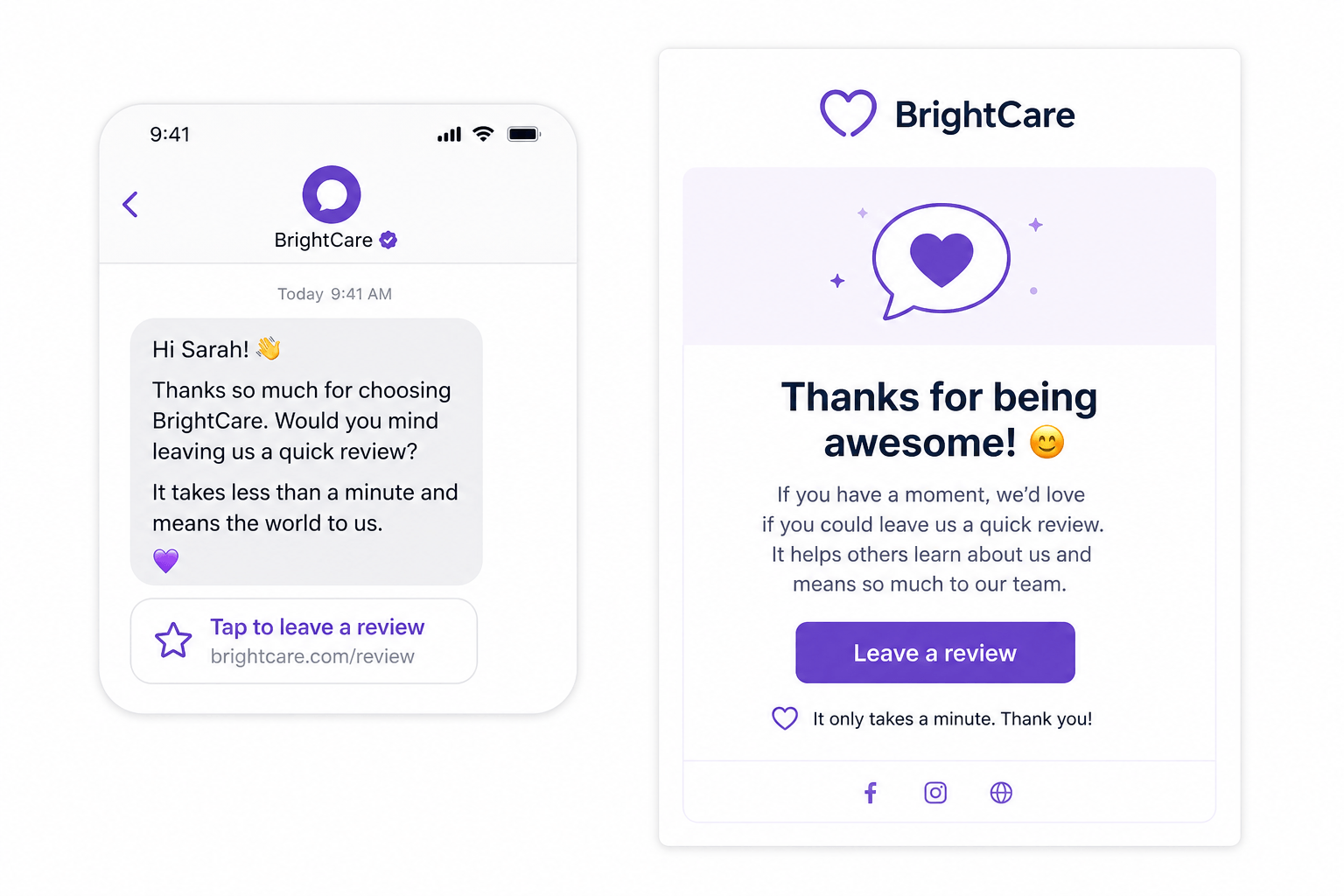 SMS and email review invitation with one-tap link to leave a review