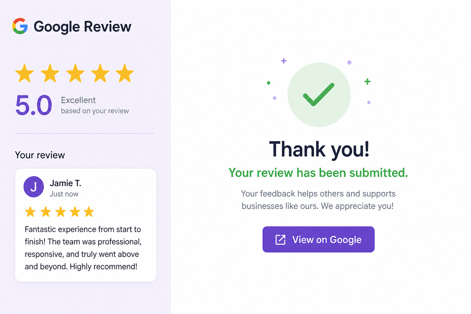 Google review submitted with five stars and a fresh specific review snippet