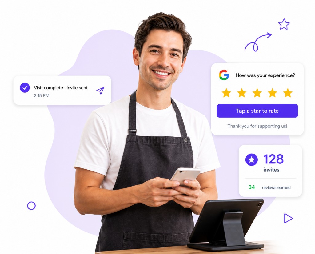 Shop owner after a visit with automated review invite sent and Google star rating flow