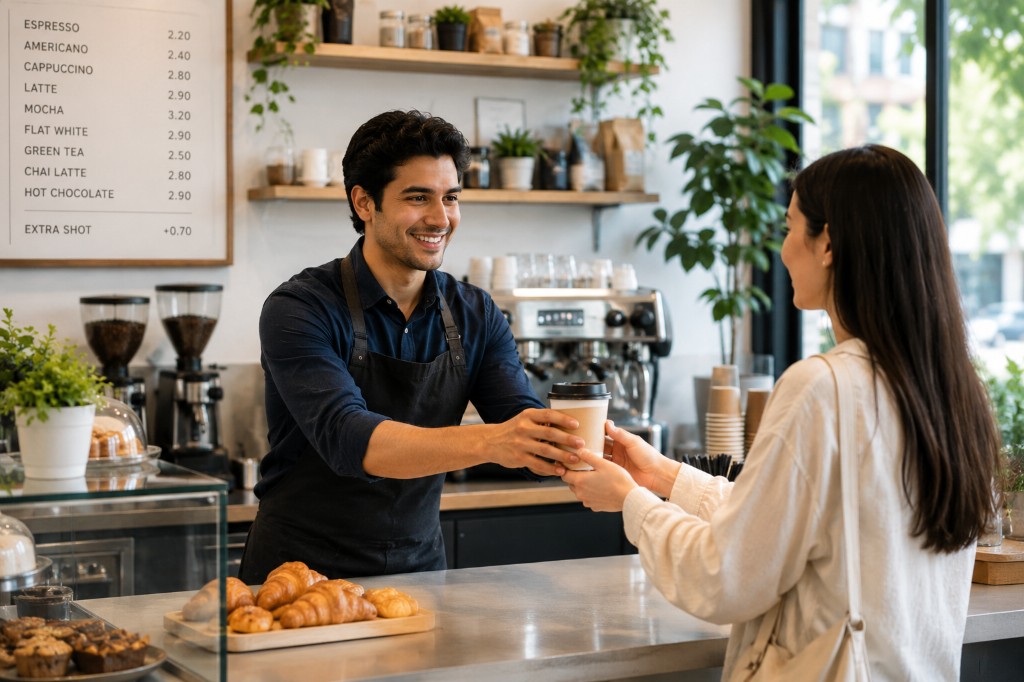 Barista serving coffee in a local cafe
