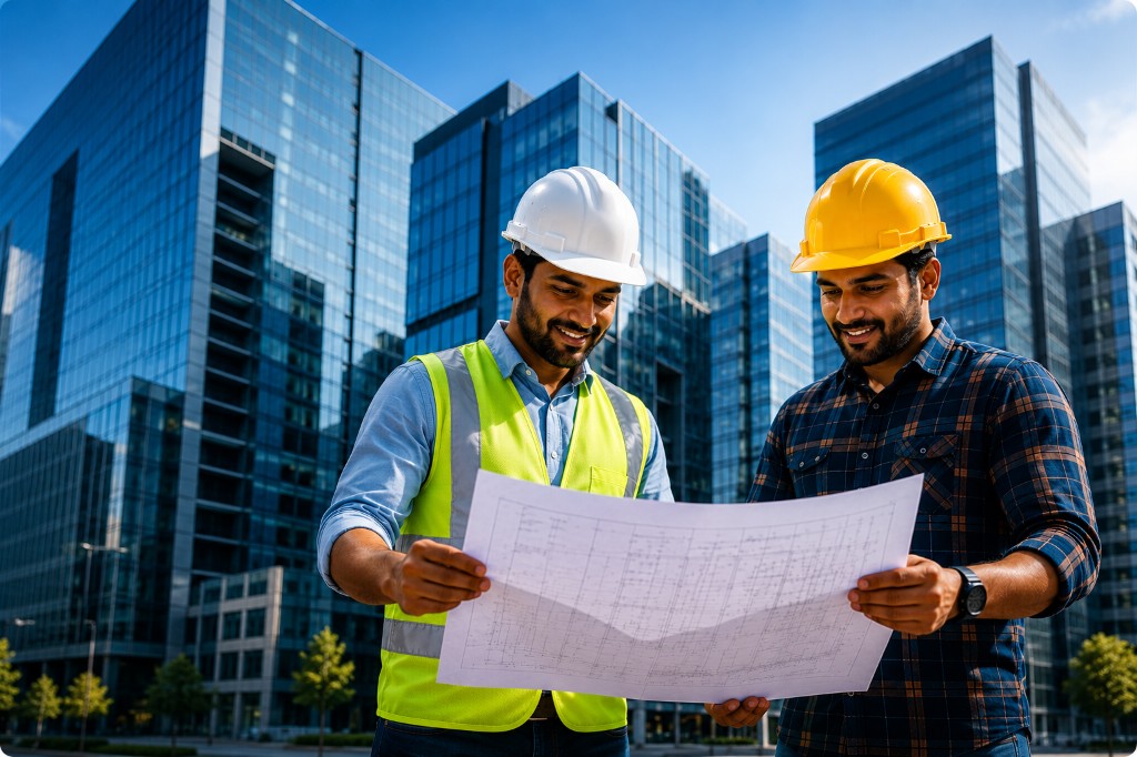 Construction professionals reviewing plans on site