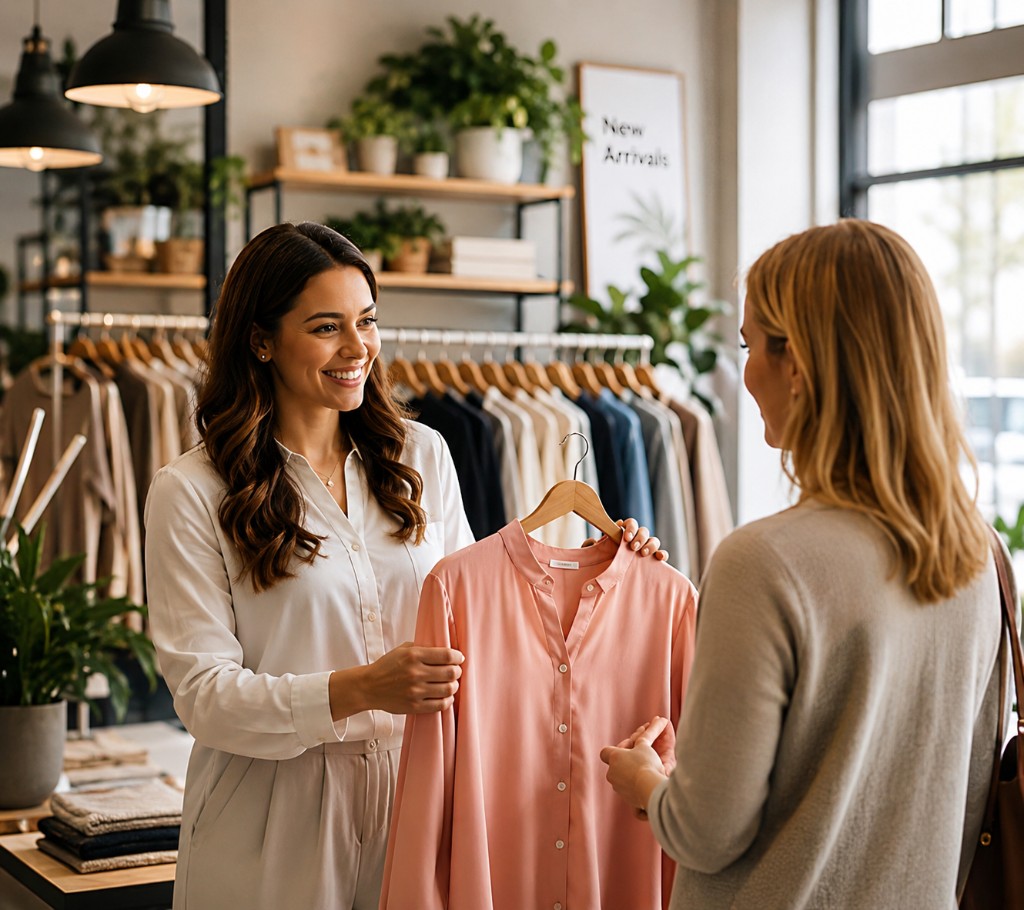 Retail associate helping a customer in a clothing boutique
