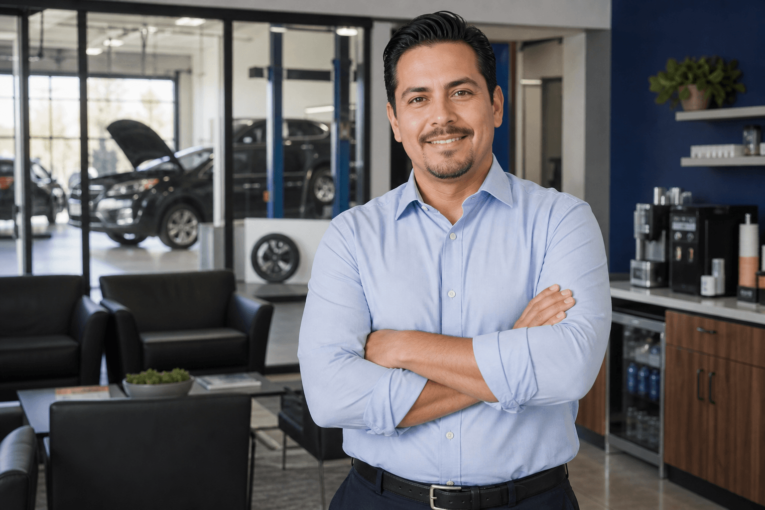 Automotive services founder in his customer waiting area