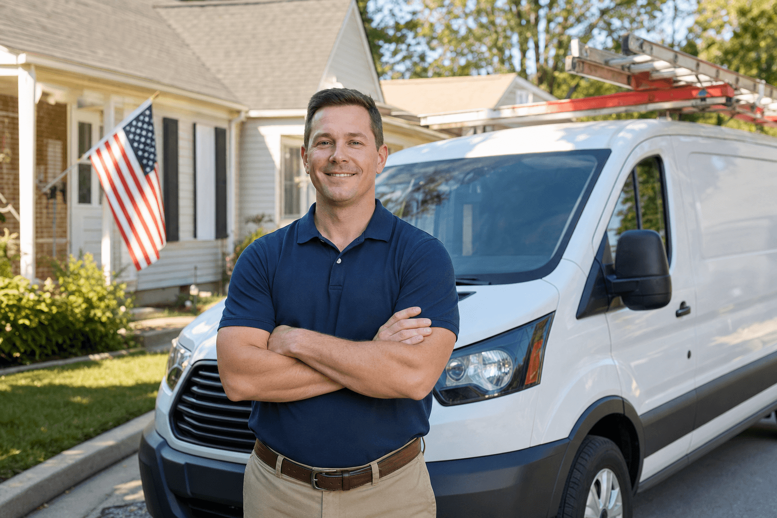 Home services business owner beside his service van