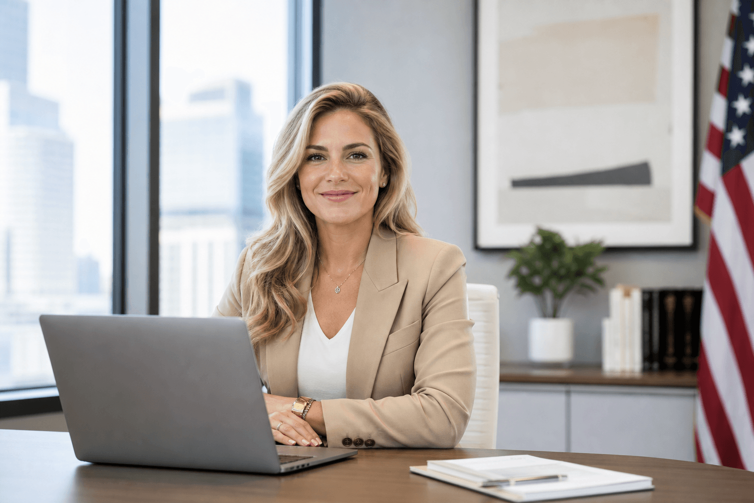 Financial services founder in her office