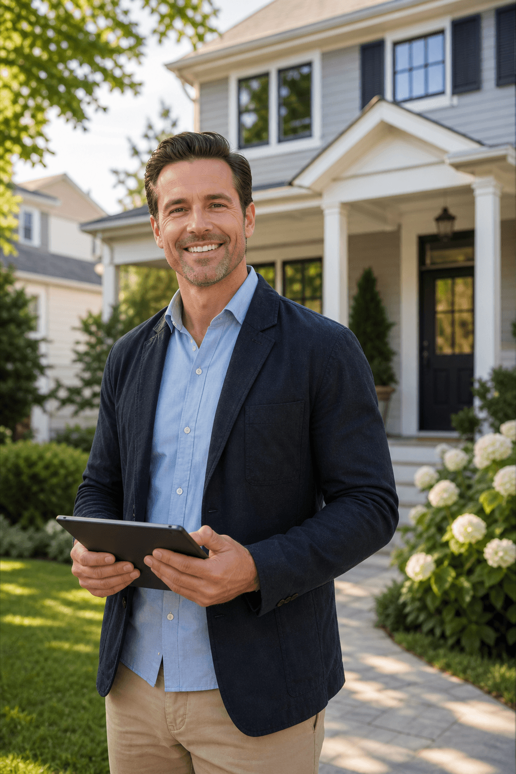 Real estate founder at a listing in a suburban neighborhood