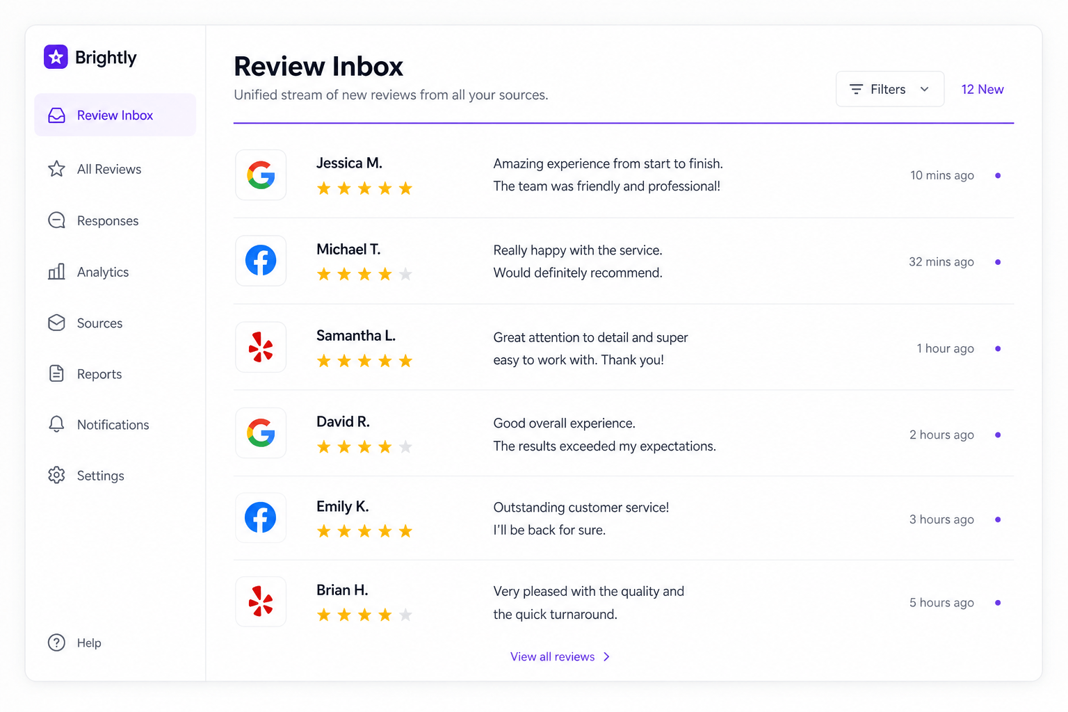 Unified review inbox streaming new reviews from Google, Facebook, and other platforms