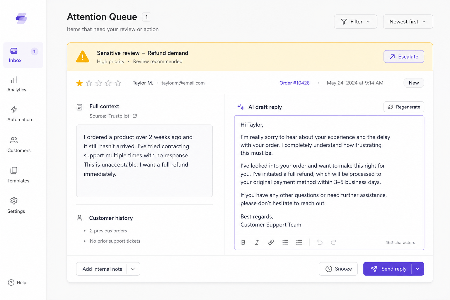 Sensitive review in the attention queue with context and an editable draft reply