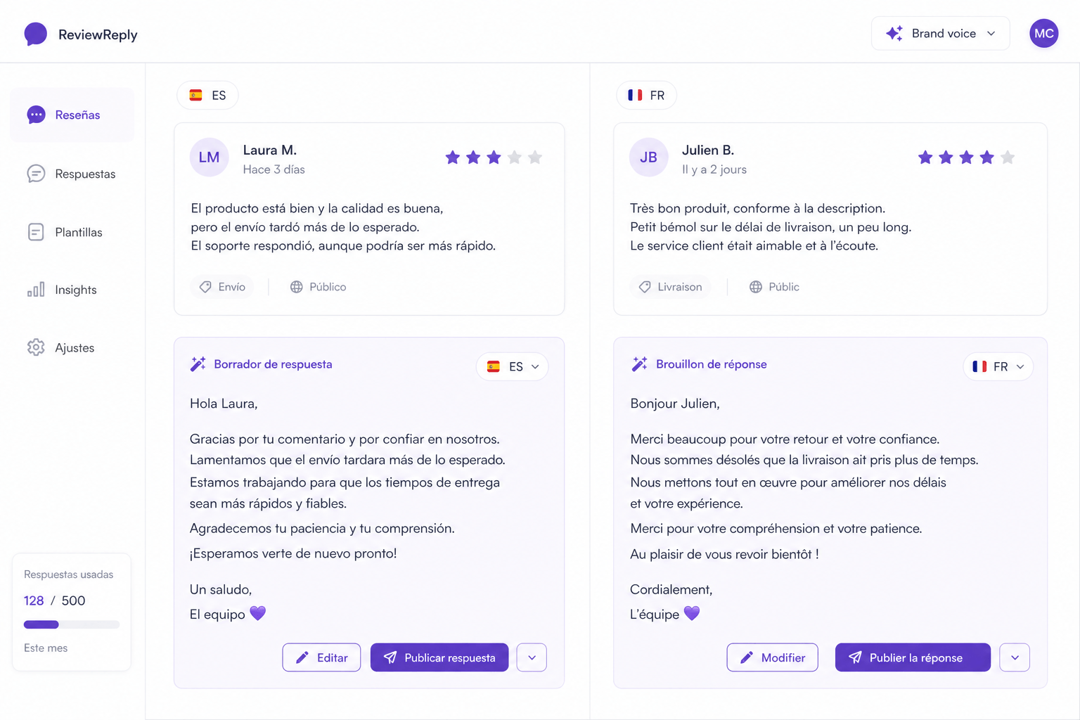 Spanish and French reviews with matching reply drafts in the same brand voice