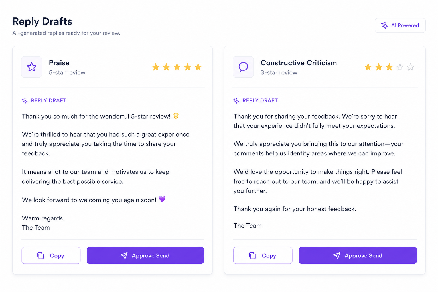 AI-drafted praise and criticism replies ready to approve in brand voice