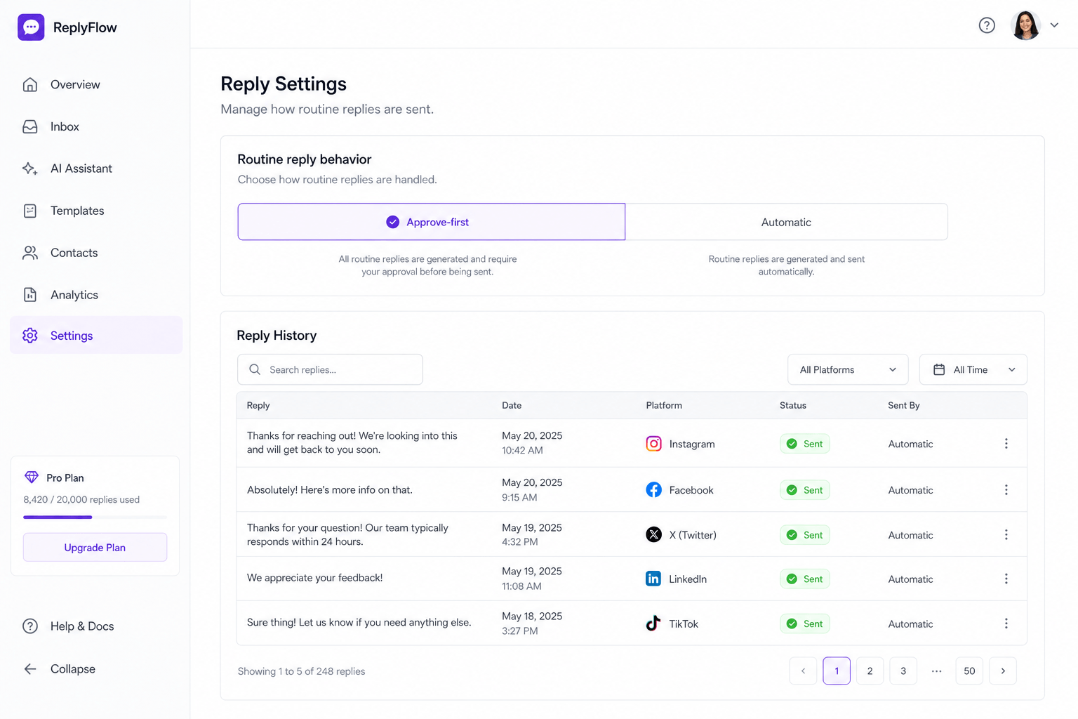 Approve-first settings and searchable history of every reply sent