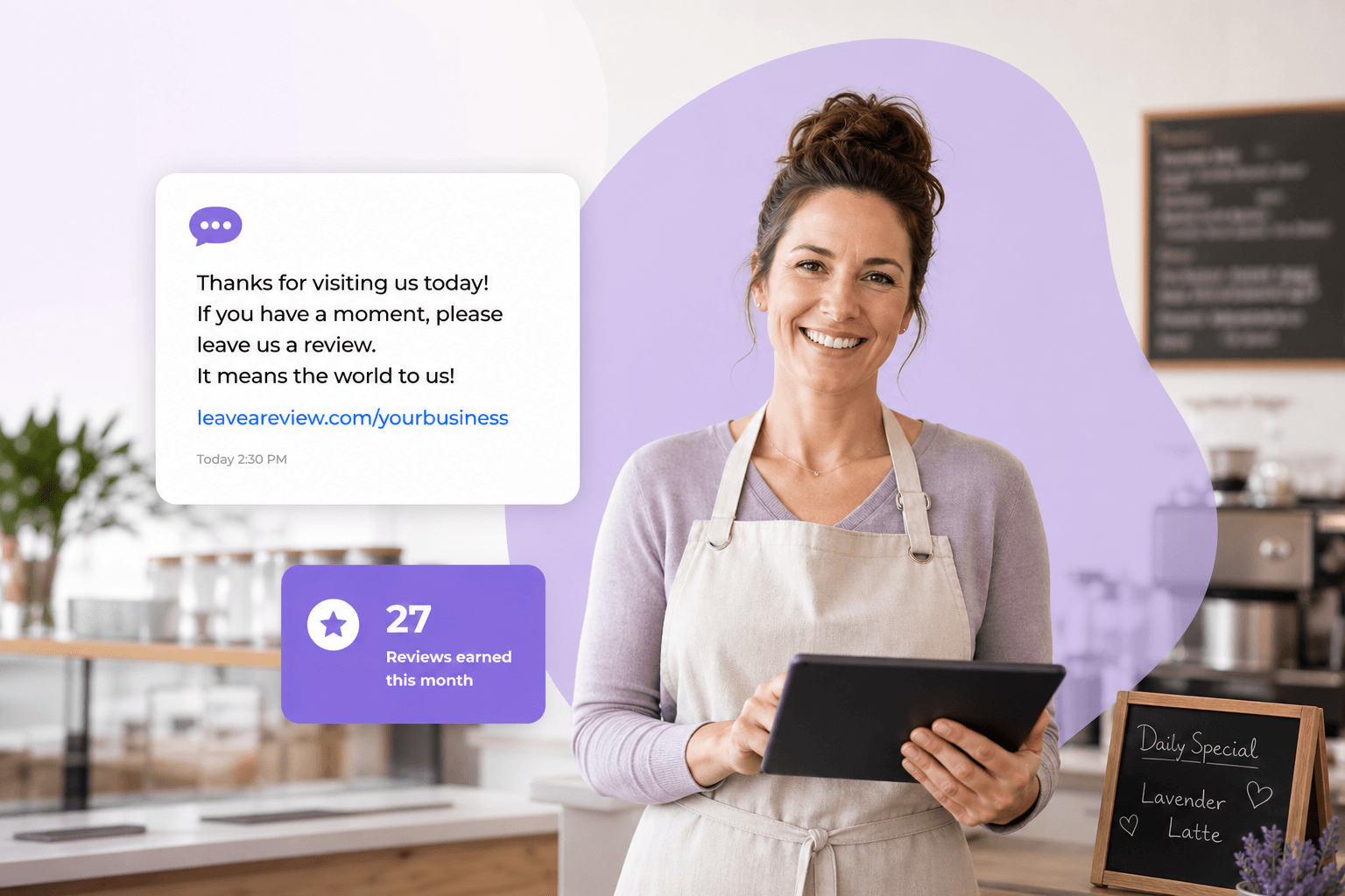 Cafe owner with tablet and automated review invitation after a customer visit
