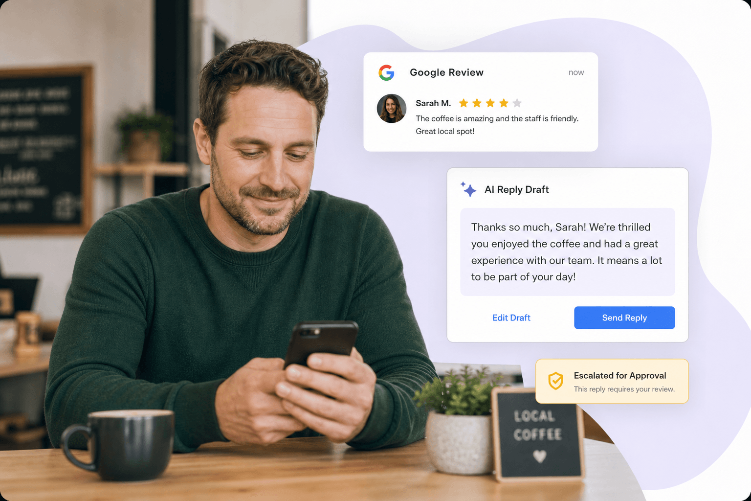 Owner on phone with AI-drafted review reply and escalation workflow