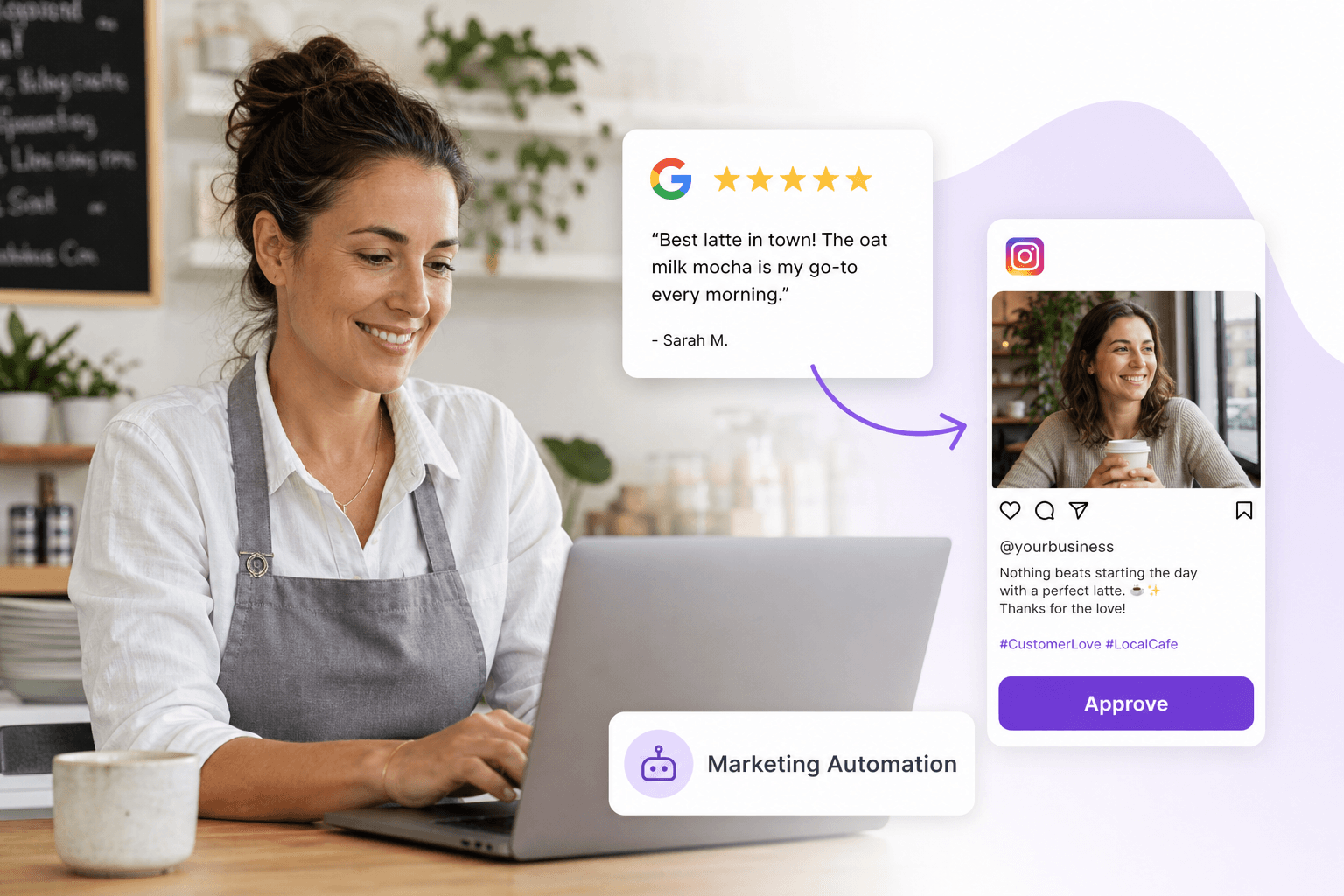Five-star review turned into a ready-to-approve social post in Marketing Automation