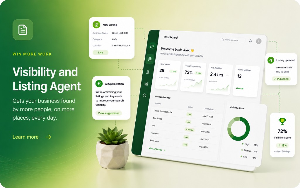 Visibility and Listing AI Agent dashboard with listings, Listing Score, and optimization suggestions
